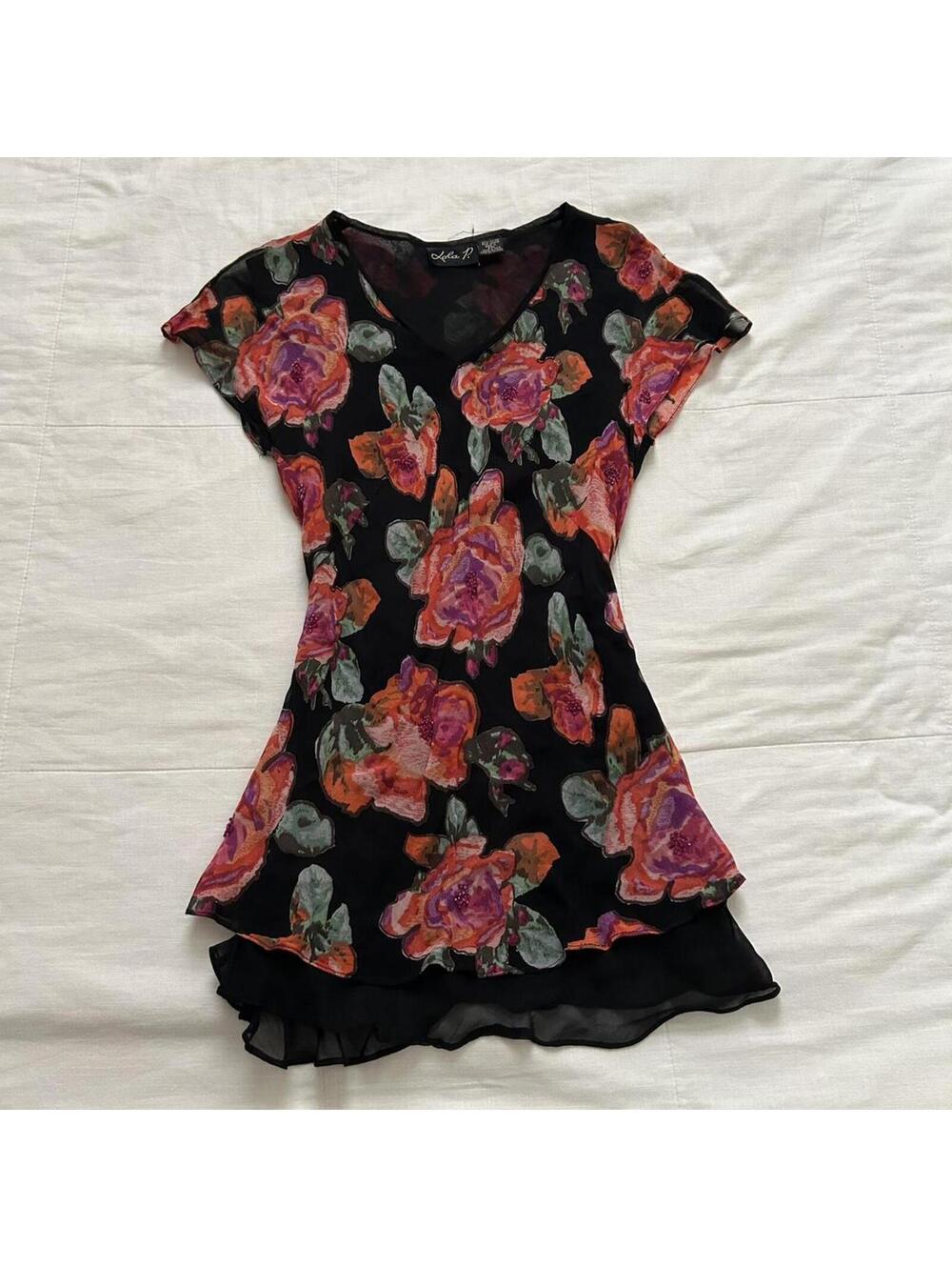 Lola P. Black Floral Beaded Ruffle Hem Top Size L